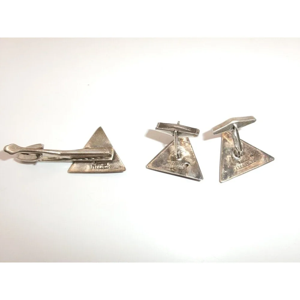 Vintage SIAM Sterling Cufflinks & Tie Clip Bali Dancer Black & Silver Triangles